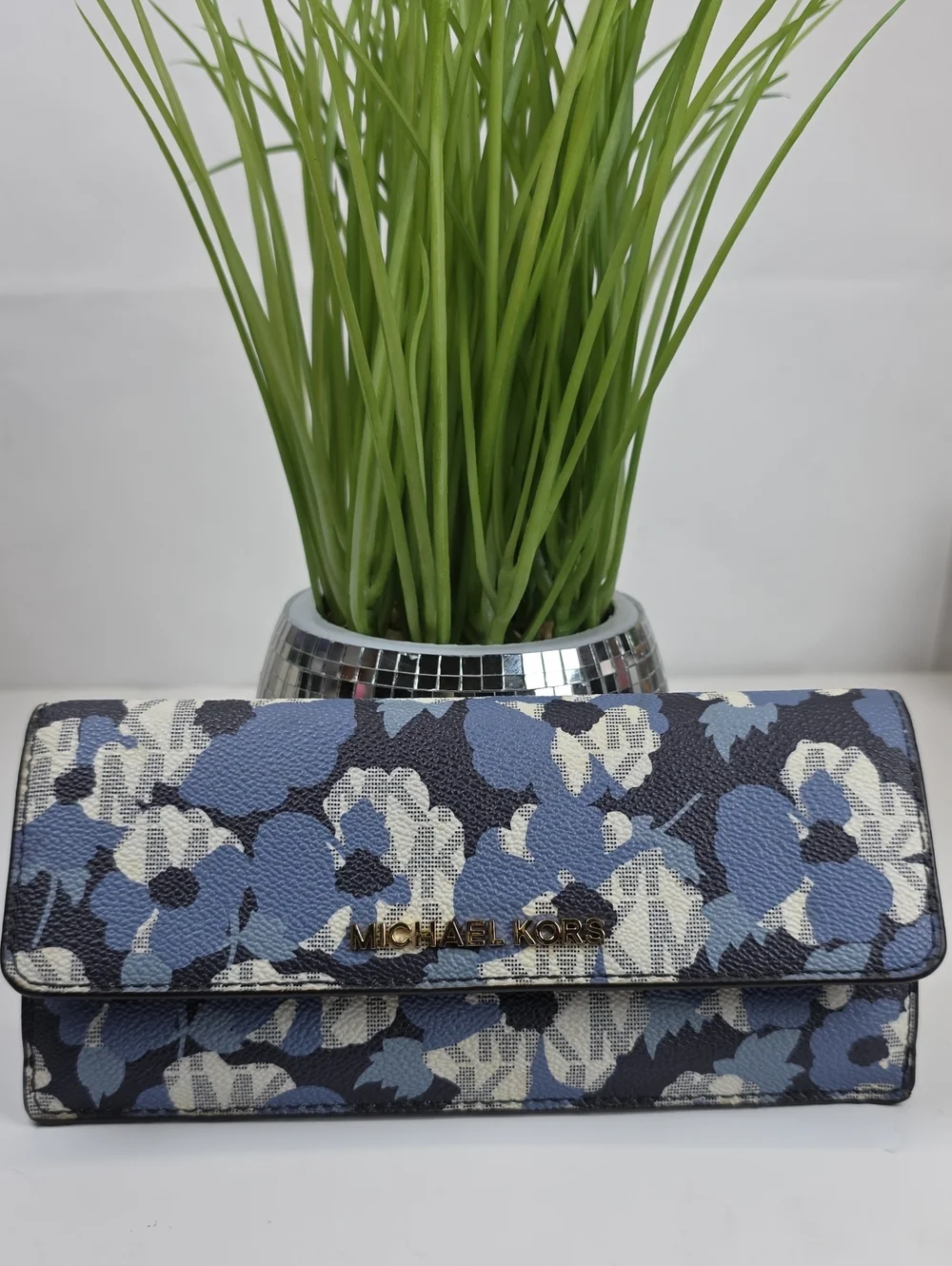 Michael Kors Navy, Blue & White Floral Continental Flat Wallet